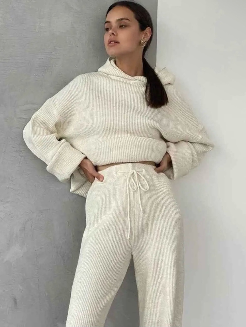Cozy Ribbed Drawstring Lounge Pant set Cream - Picture 3 of 5